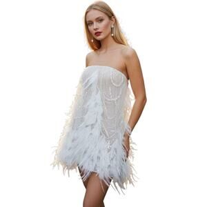 Helsi Stevie Polyester Strapless Feather Embellished Mini Dress Size XS White